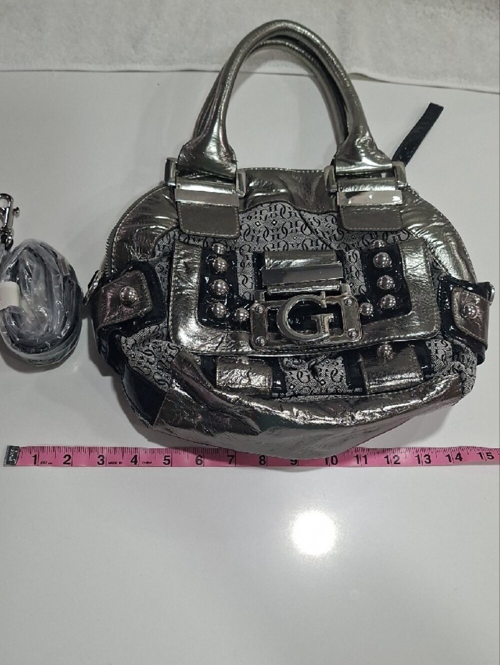Guess Metallic Silver Shoulder Bag with G Logo and Stud Accents